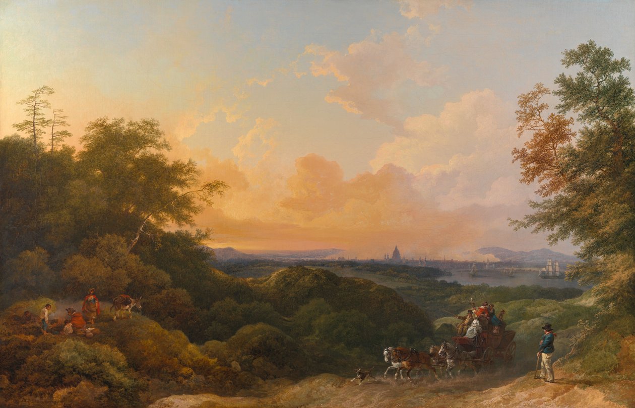 The Evening Coach, London i det fjerne af Philippe-Jacques de Loutherbourg