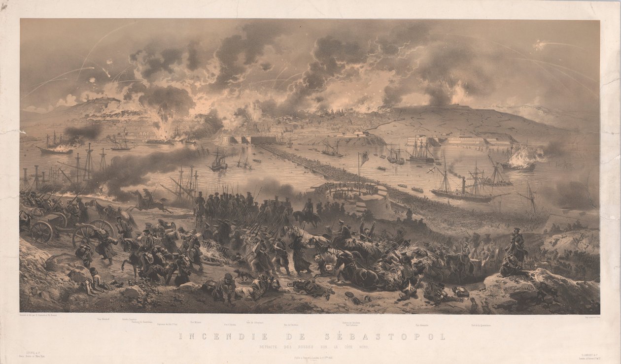 Brand i Sevastopol. Russernes tilbagetog på nordkysten, 1855. af Philippe Benoist