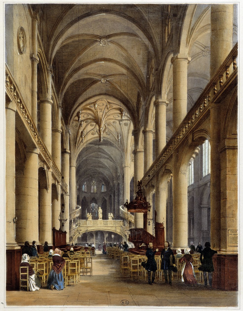 Interiør af kirken St Etienne du Mont - i “” Walk in Paris and its environments ””, tegninger af Jacottet og Benoist, red. Gihaut brødre af Philippe Benoist
