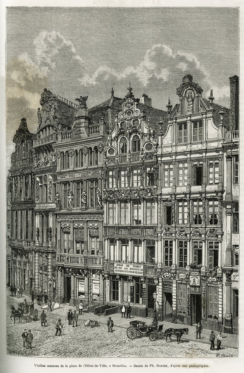Gamle huse på rådhuspladsen i Bruxelles. Indgravering af Ph. Benoist, for at illustrere historien om Belgien af Camille Lemonnier, udgivet i tour du monde under ledelse af Edouard Charton (1807-1890), Paris af Philippe Benoist