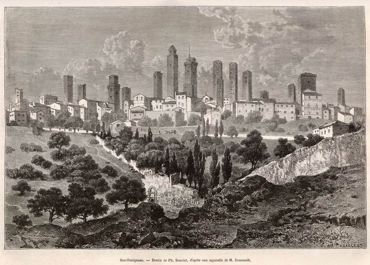 Udsigt over San Gimignano (Toscana, Italien). Gravering efter tegning af Ph. Benoist, til illustration af Francis Weys rejse til Toscana og Umbrien i 1875, offentliggjort i "Le tour du monde" 1876, redigeret af Edouard Charton, Hachette edition, Paris. Sel af Philippe Benoist