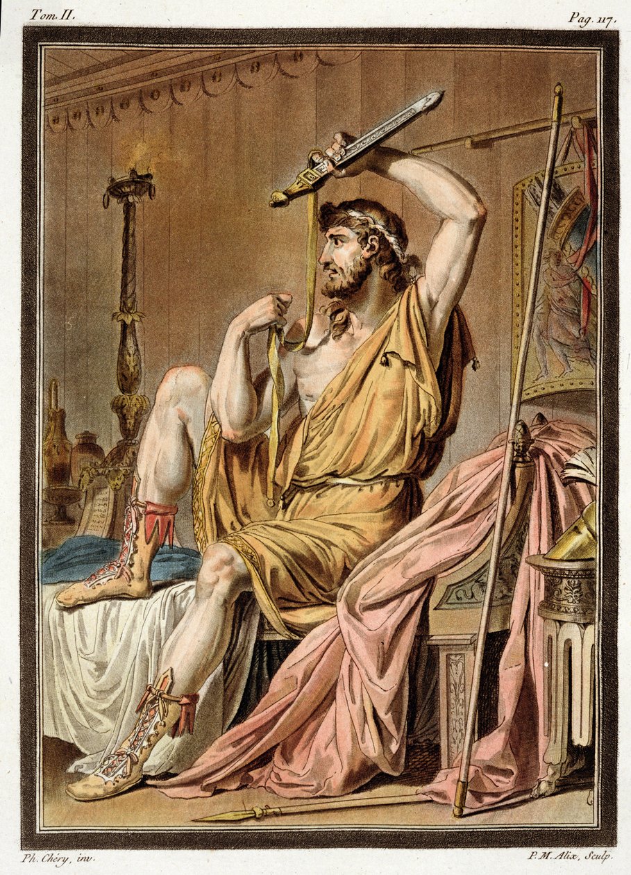 Agamemnon, kostume til "Iphigenia in Aulis" af Jean Racine, fra bind II af "Research on the Costumes and Theatre of All Nations", graveret af Pierre Michel Alix (1762-1817) 1802 (farvestik) af Philippe Chery