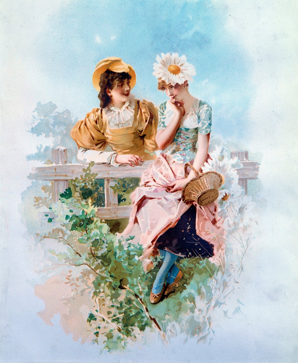 Tillid To unge piger hvisker hemmeligheder. Litografi af Philippe Jacques Linder (1835-?) 1800-tallets privatsamling af Philippe Jacques Linder