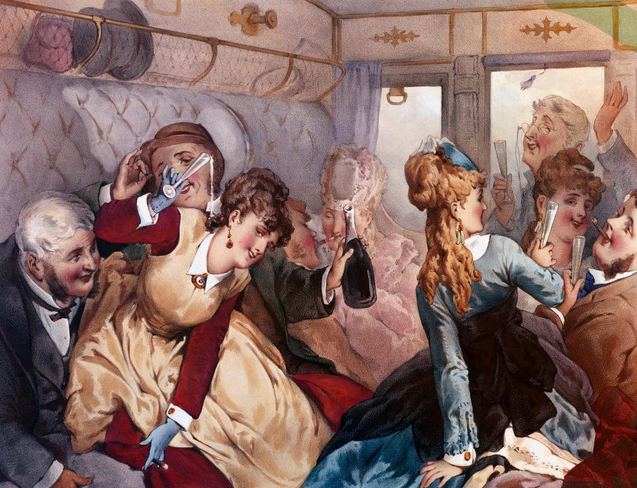 The Pleasure Train A group of bourgeois drinking and entertaining themselves in a wagon. Lithograph by Philippe Jacques Linderdani af Philippe Jacques Linder