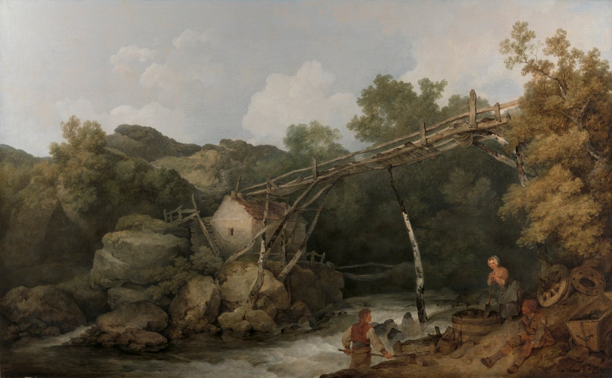 En udsigt nær Matlock, Derbyshire med figurer, der arbejder under en trætransportør af Philippe Jacques de Loutherbourg