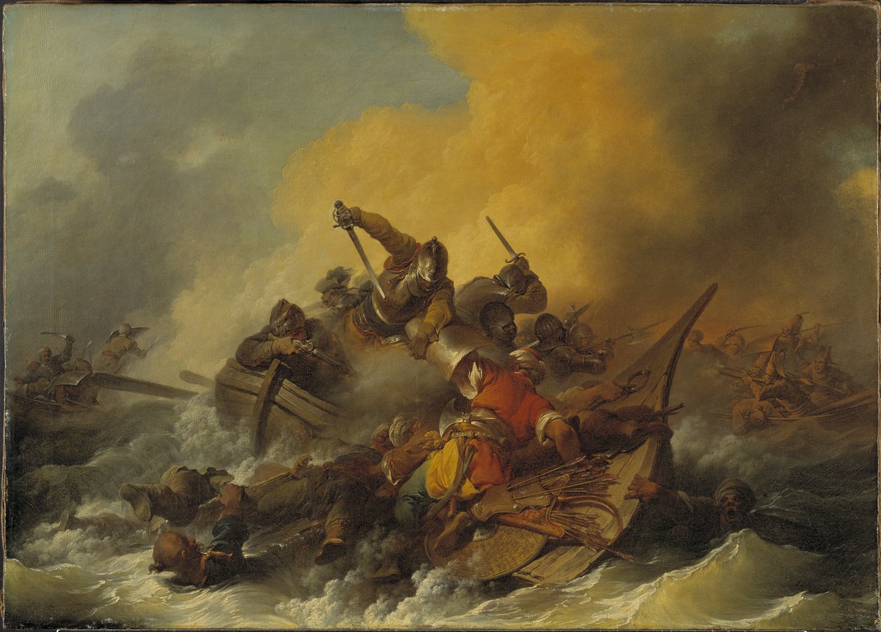 Bataille en mer entre soldats et pirates - Battle at Sea between Soldiers and Oriental Pirates, af Loutherbourg, Philip James af Philippe Jacques de Loutherbourg