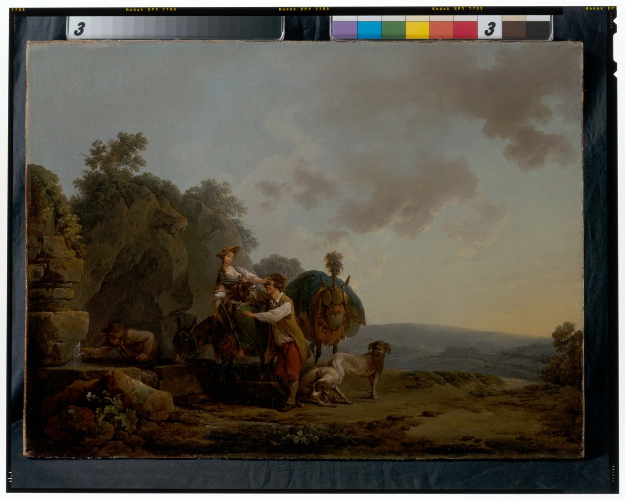 Rejsende med hunde og tungt lastede muldyr ved en brønd af Philippe Jacques de Loutherbourg