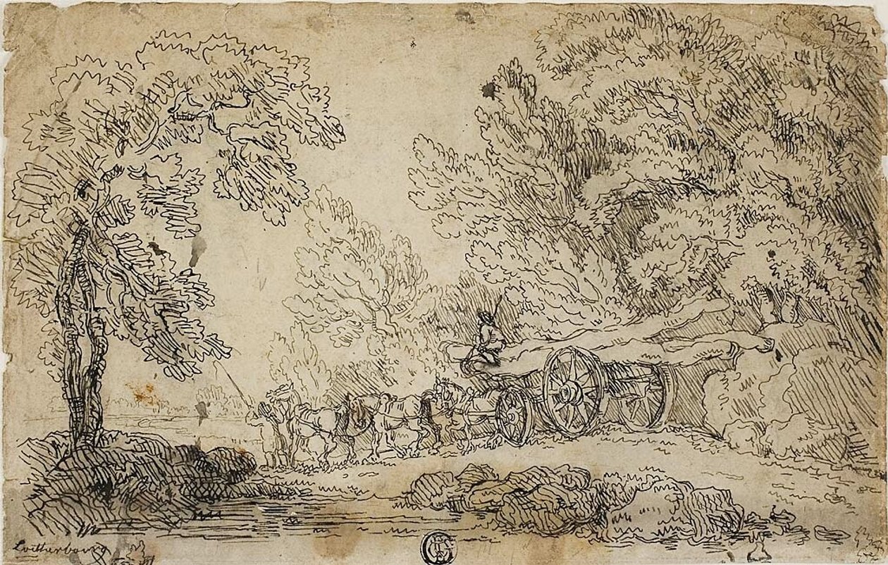 Træk af træstammer i en skov (recto); Skitser af mennesker i forskellige aktiviteter (verso) af Philippe Jacques de Loutherbourg II