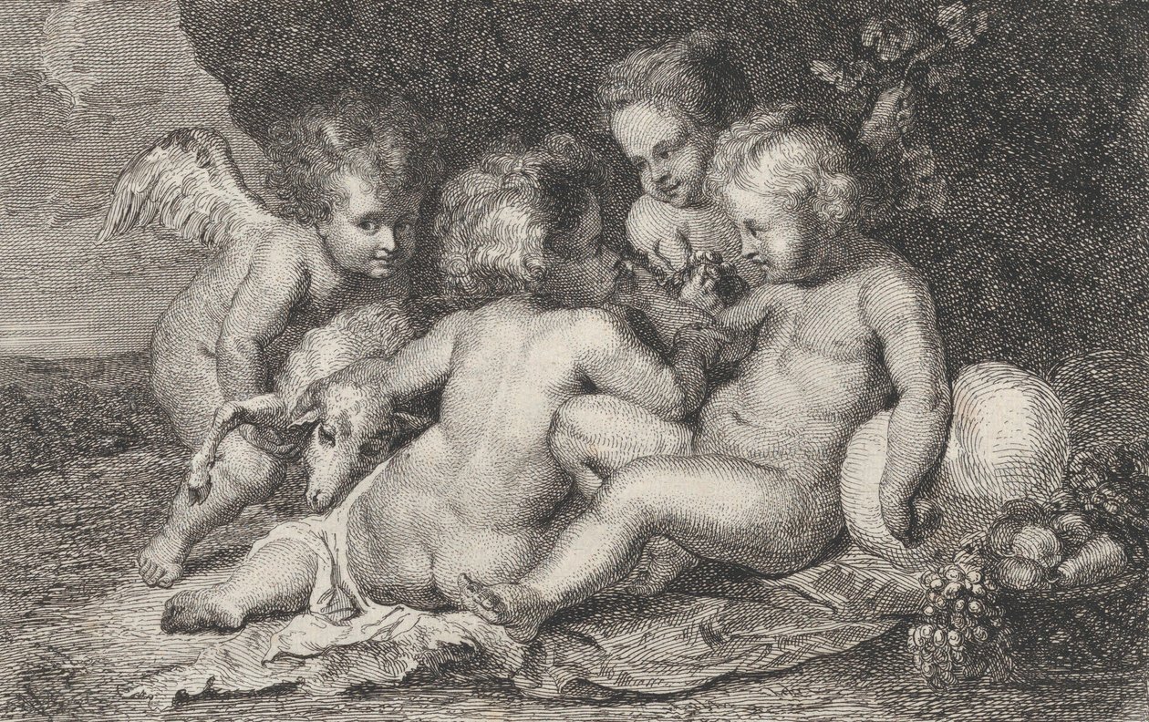 En gruppe på tre børn og en putto med frugt og et lam, ca. 1760-1801. af Philippe Lambert Joseph Spruyt