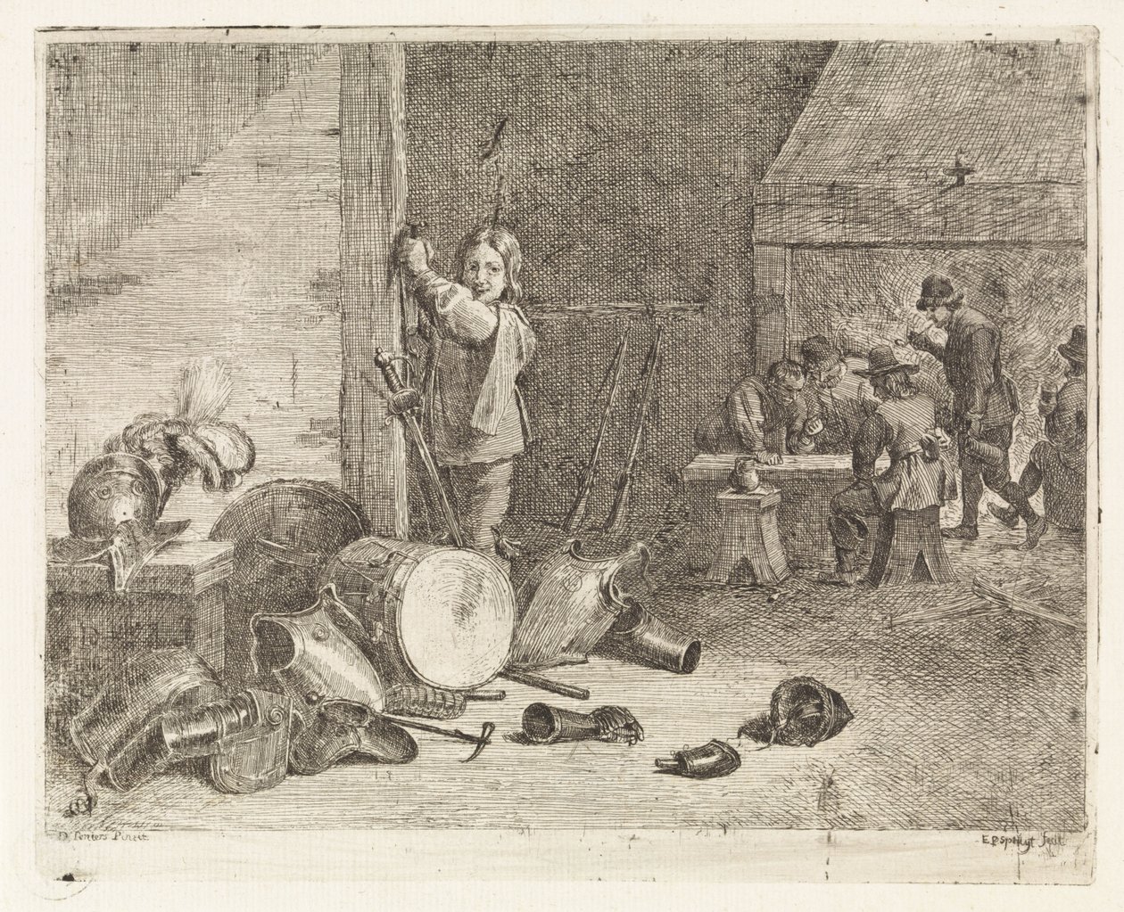 Interiør med dreng med tromme og rustning af Philippe Lambert Joseph Spruyt