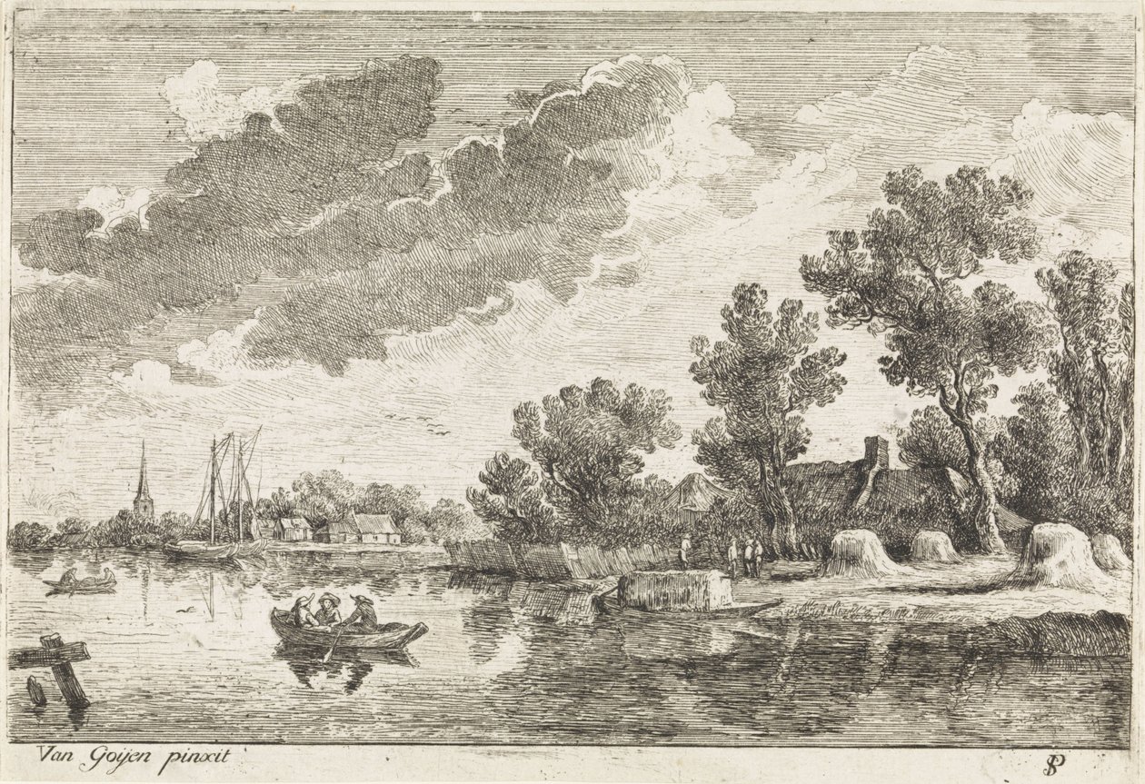 Flodlandskab med robåd af Philippe Lambert Joseph Spruyt
