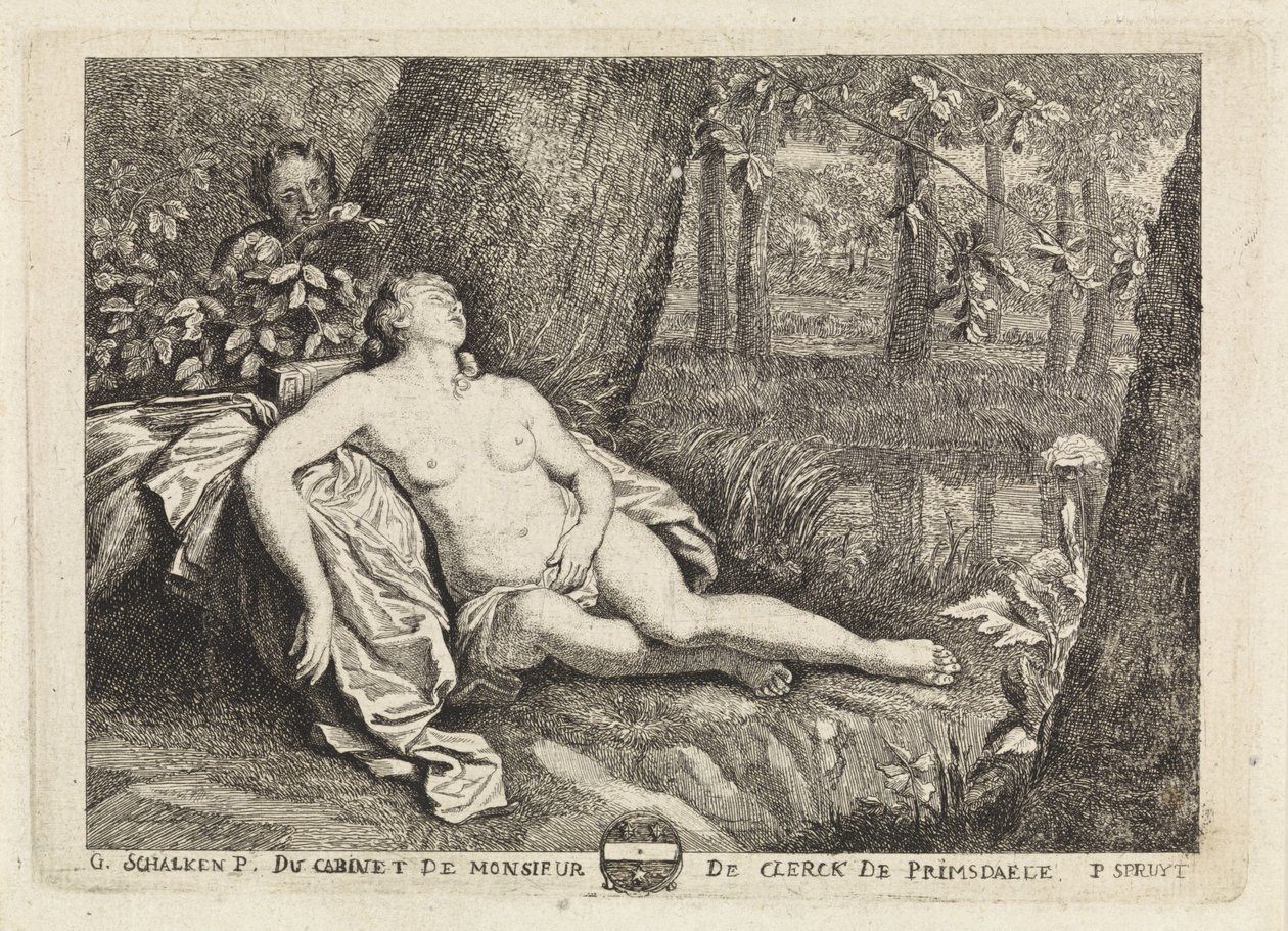 Sovende nymfe spioneret af en satyr af Philippe Lambert Joseph Spruyt