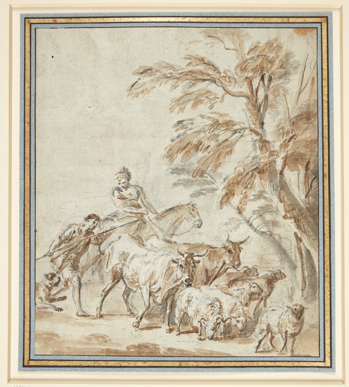 Hyrder med køer og får. T.v. en hyrde med en stav, ved siden af ham en hyrde ridende på en hest. T.h. træer af Philippe Louis Parizeau