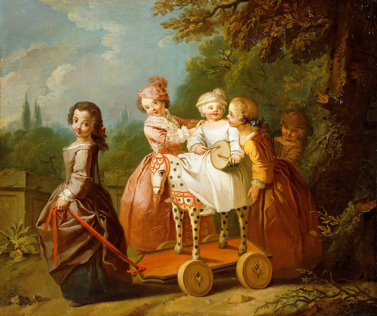 En ung dreng på en hobbyhest med andre børn, der leger i en have, af Philippe Mercier