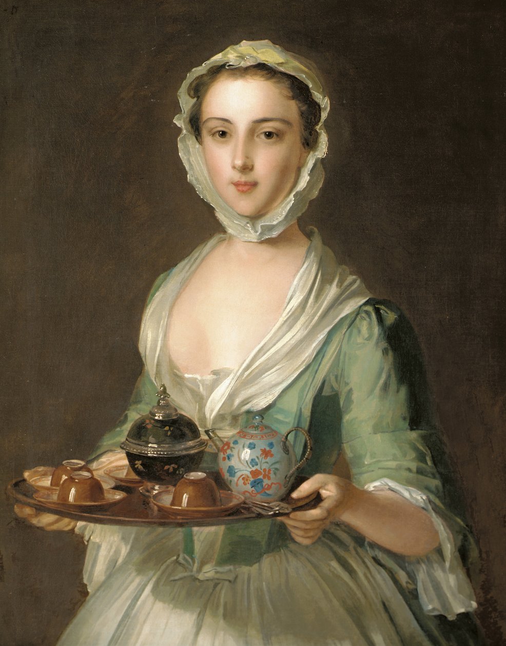 Portræt af en ung kvinde, muligvis Hannah, kunstnerens stuepige, der holder en tebakke af Philippe Mercier