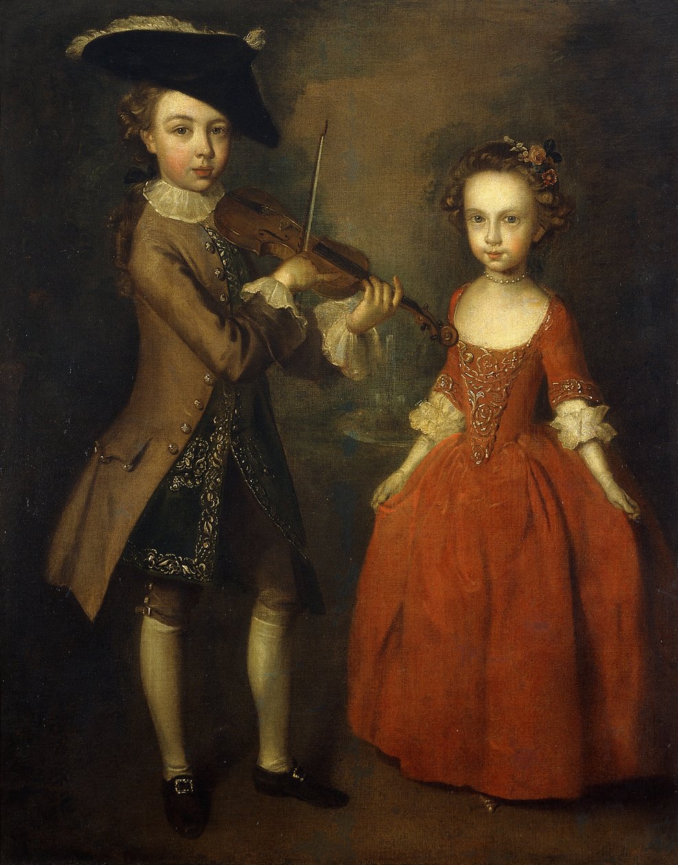 The Archbold Children: Et gruppeportræt af en lille dreng, i fuld længde iført en beige frakke, mørkeblå guldbroderet vest og tricorn hat og spiller på en violin, og hans søster, i fuld længde, iført en rød kjole, med blomster i hende Hår, Forberedelse til af Philippe Mercier