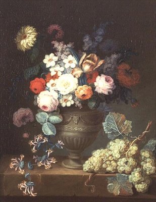 Stilleben af blomster i en klassisk vase med en klase vindruer af Philippe Parpette
