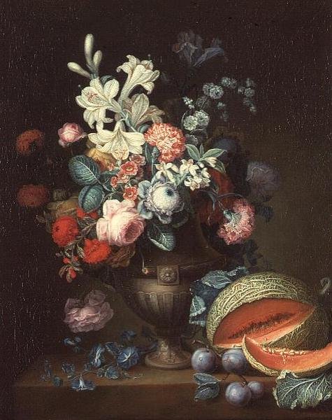 Stilleben af blomster i en klassisk vase med en skåret melon af Philippe Parpette
