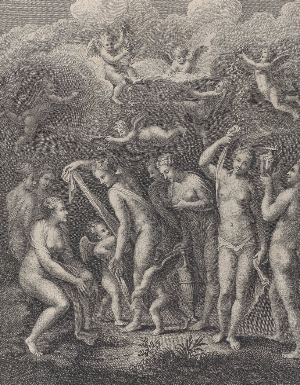 Hera, Afrodite og Athena forbereder sig til skønhedskonkurrencen før P..., ca. 1729-40. af Philippe Simonneau