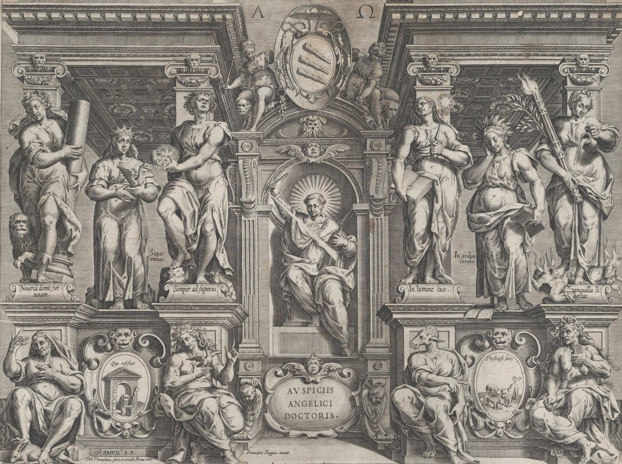 Allegorisk afhandlingstryk med forskellige figurer, sat i en arkitektonisk struktur, 1608. af Philippe Thomassin