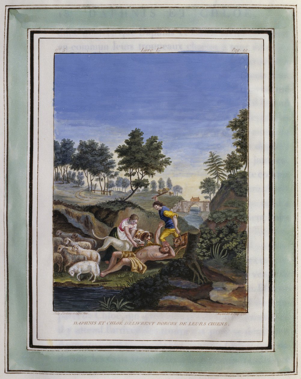 Daphnis og Chloe befrier Dorcon fra deres hunde. Tegning af Philippe d