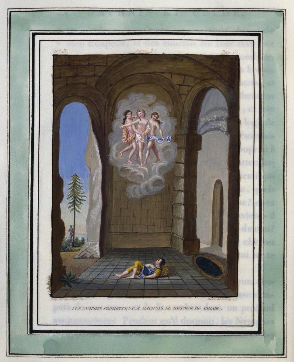 Nymferne lover Daphnis, at Chloe kommer tilbage. Tegning af Philippe d