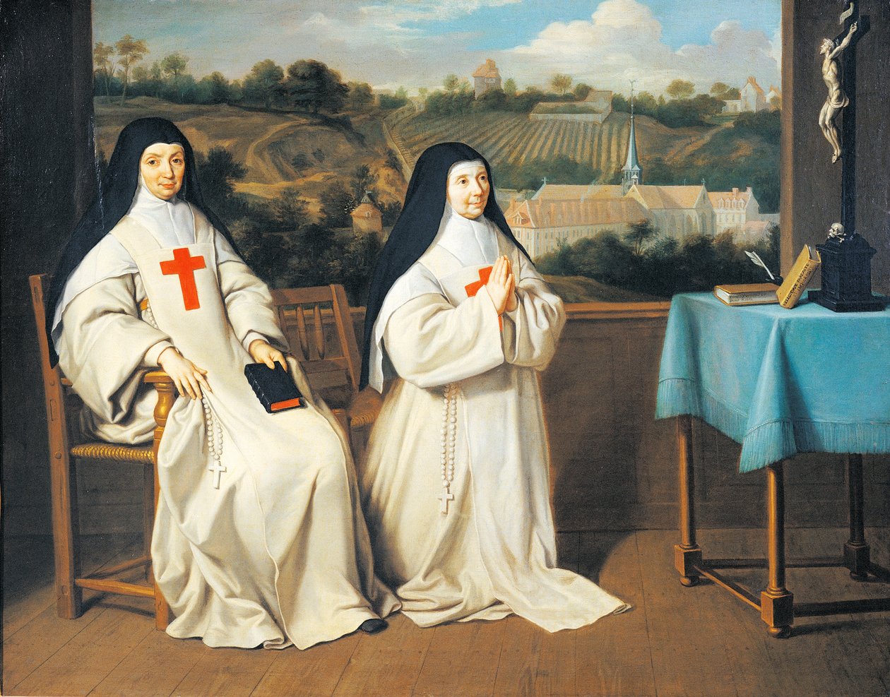 Portræt af Moder Marie-Angelique Arnaulds søster og mor Agnes foran Port-Royal des Champes Abbey, tilskrevet Philippe de Champaigne (1602-1670). af Philippe de (attr. to) Champaigne