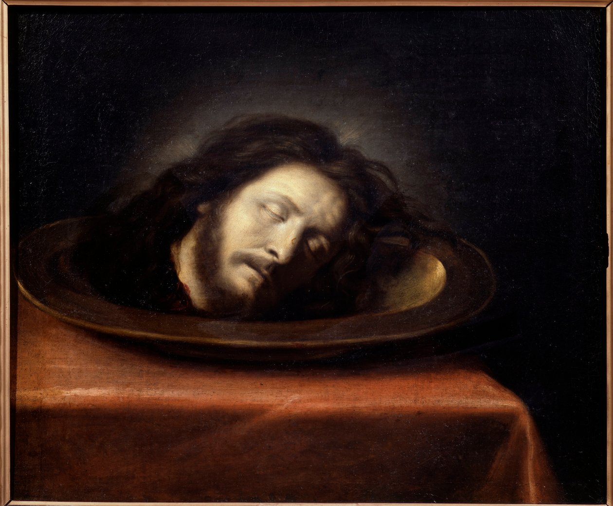Leder af Saint Jean Baptiste placeret på et fladt maleri af Philippe de Champaignes skole (1602-1674) fra det 17. århundrede. Magny les Hameaux, Musee de Port Royal des Champs - Hovedet af Johannes Døberen placeret på et fad. Maleri af Philips skole af Philippe de (school of) Champaigne