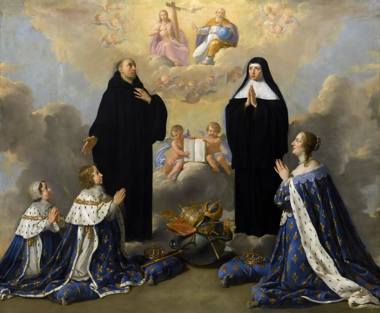 Anna af Østrig med sine børn, der beder til den hellige treenighed med de hellige Benedikt og Scholastica af Philippe de Champaigne