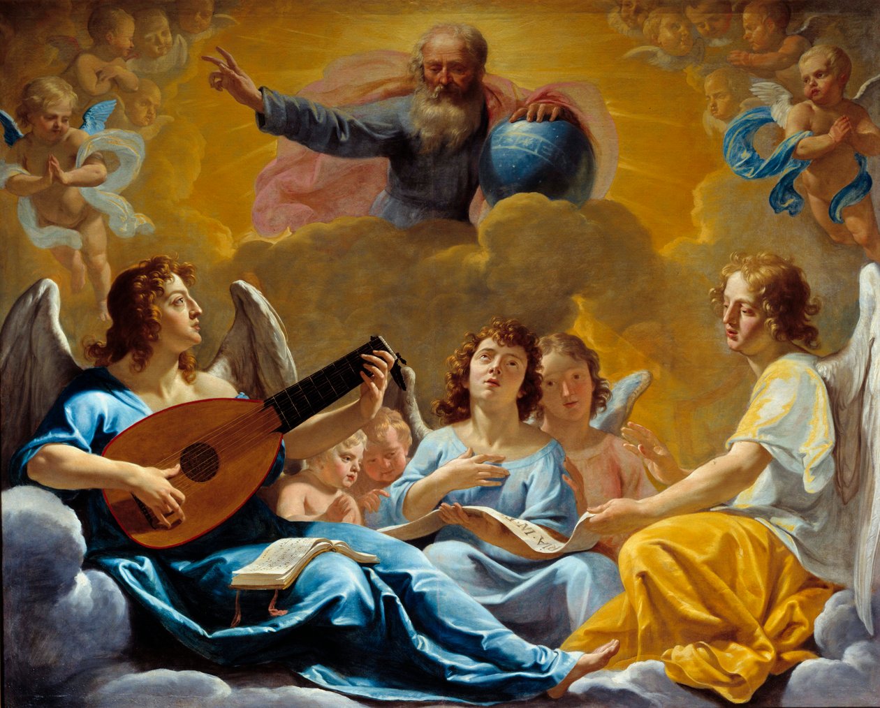 Englekoncerter Repræsentation af den almægtige Gud med kloden. Maleri af Philippe de Champaigne (1602-1674) 1600-tallet søn. 1,75x2,2 m Rouen, musee des Beaux Arts af Philippe de Champaigne