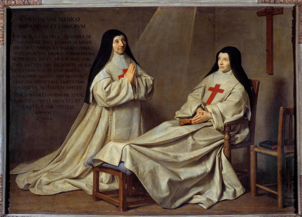 Jansenisme: "" Portræt af moder Catherine Agnes Arnauld (1593-1671) og søster Catherine de Sainte Suzanne Champaigne (1636-1686), datter af kunstneren""" Moder Catherine-Agnes af Saint-Paul kaldet Agnes Arnauld var abbedisse af klosteret Port Roya af Philippe de Champaigne