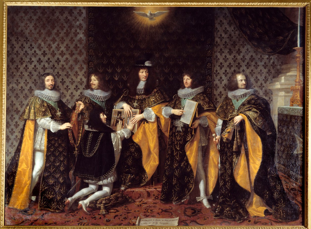 Kong Ludvig XIV modtager sin bror hertugen af Anjou, ridder af Helligåndsordenen Maleri af Philip af Champaigne (1602-1674) Grenoble fra det 17. århundrede, musee des Beaux Arts - Kong Ludvig XIV modtager sin bror, hertugen af Anjou, Ridder af Or af Philippe de Champaigne