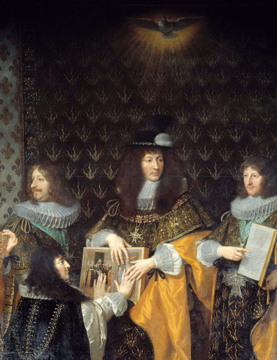 Kong Ludvig XIV modtager ridder af Helligåndsordenen (Helligåndsordenen) sin bror hertugen af Anjou Detail. Maleri af Philippe de Champaigne (1602-1674) Grenoble fra det 17. århundrede, Musee des Beaux Arts af Philippe de Champaigne