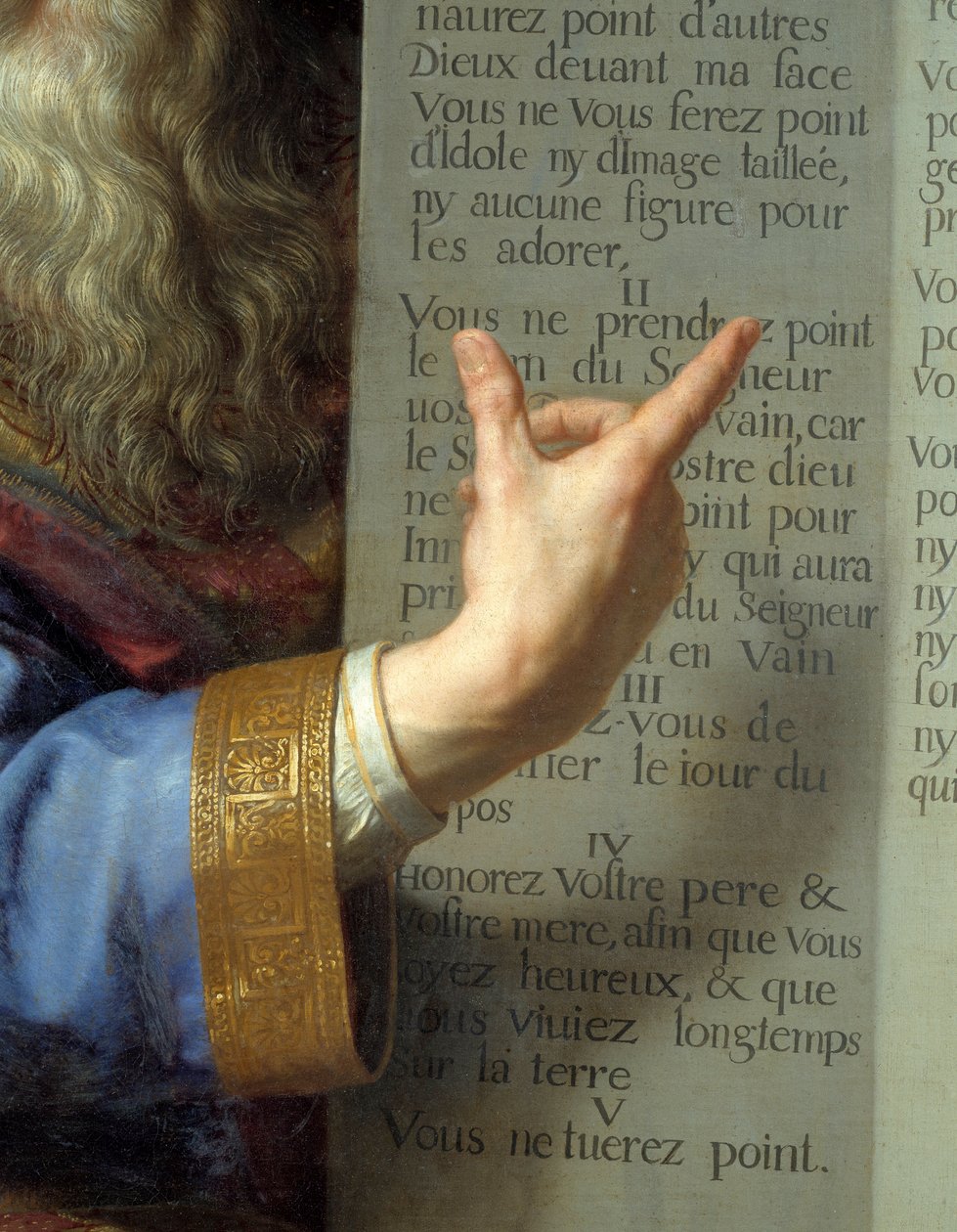 Moses og lovens tabeller, detalje af Moses hånd, der viser de ti bud. Maleri af Philippe De Champaigne (1602-1674) Ec. Flam. af Philippe de Champaigne