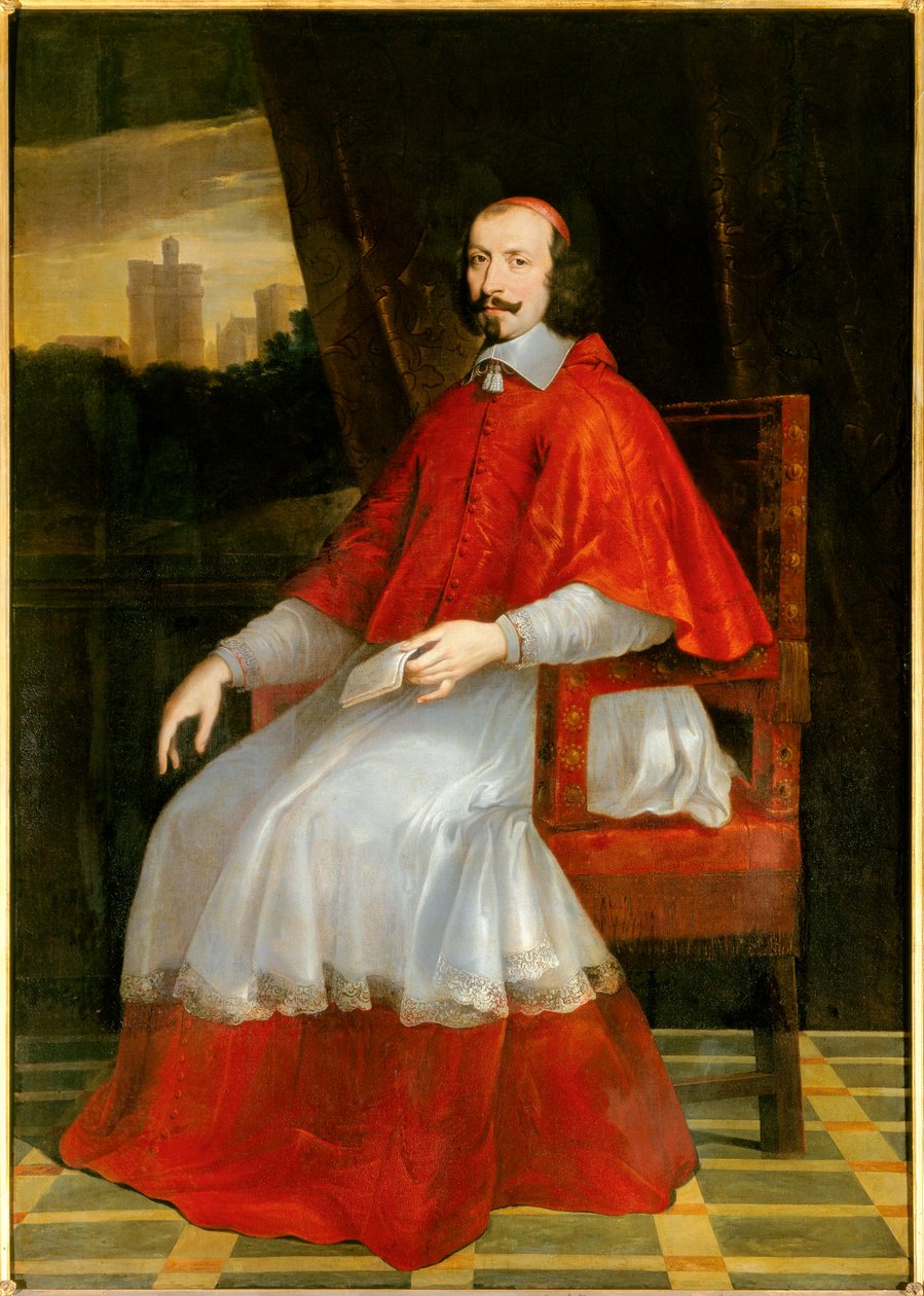Portræt i foden af ​​kardinal Jules Mazarin (Giulio Raimondo Mazzarino eller Mazarino) (1602-1661) Kardinalen sidder bag ham med udsigt over Chateau de Vincennes. Maleri af Philippe de Champaigne (1602-1674). Søn 2,05 X 1,44 m. Chantilly, Grevens Museum -  af Philippe de Champaigne