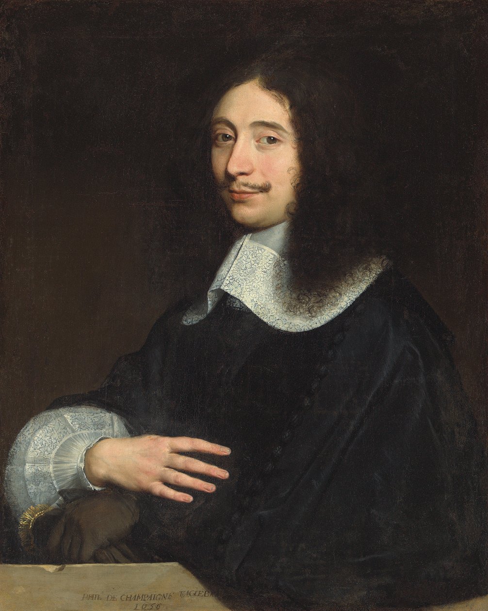 Portræt af en herre, traditionelt identificeret som Noël de Bullion, halvlang, i sort med blondekrave og ærme, hans handsker i venstre hånd, 1656 af Philippe de Champaigne