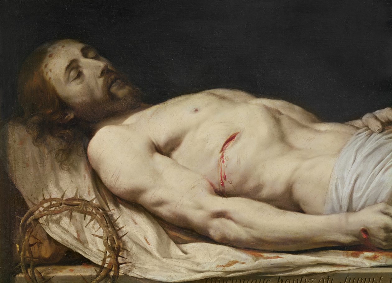 Den døde Kristus lagde sig på sin ligklædedetalje fra midten til overkroppen, før 1654 olie på træ af Philippe de Champaigne