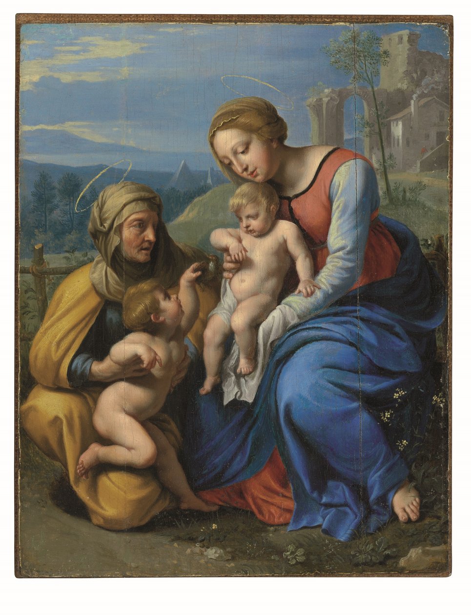 Den hellige familie med en spurv (olie og guld på panel lagt ned om bord) af Philippe de Champaigne