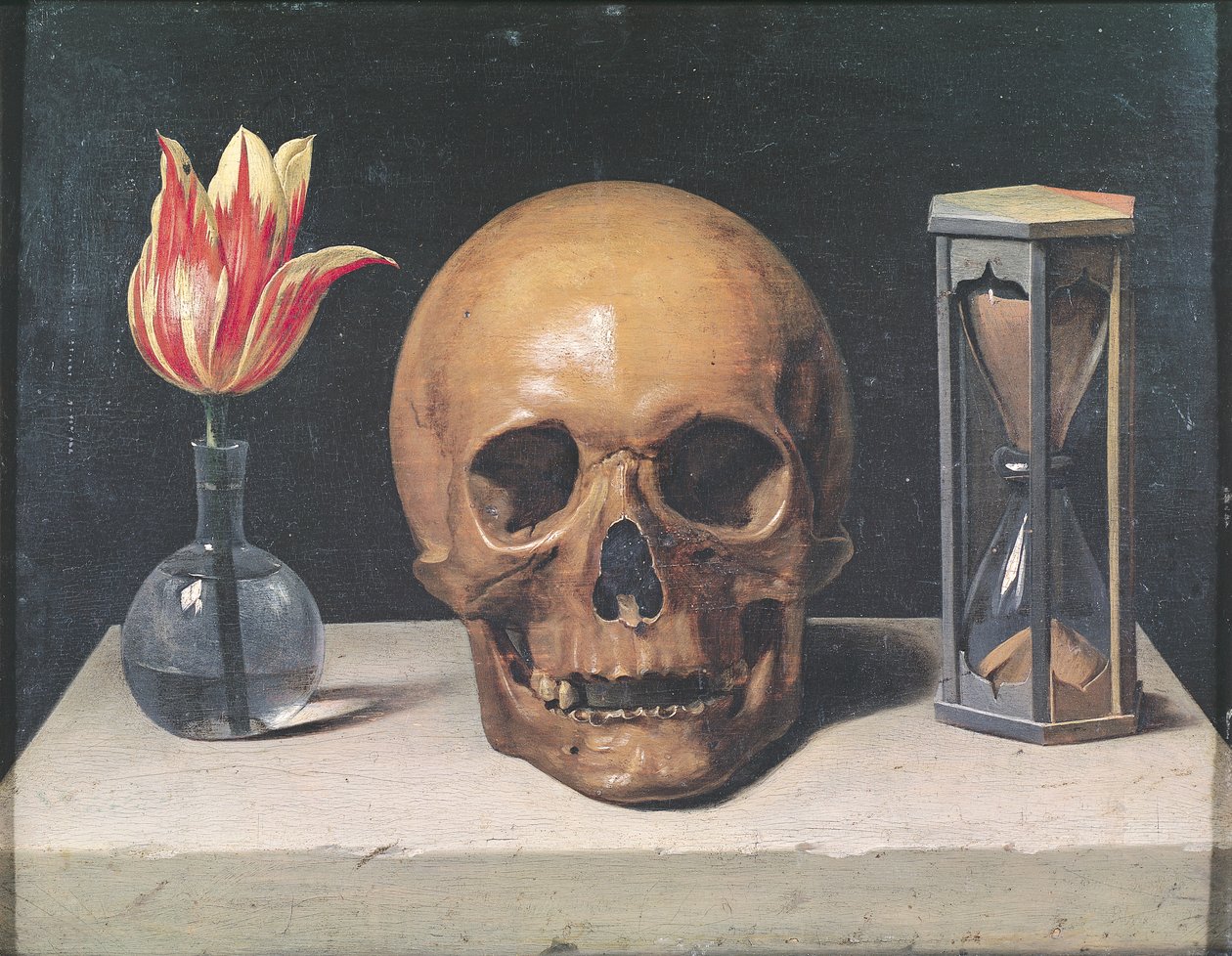 Vanitas stilleben med tulipan, kranium og timeglas (olie på panel) af Philippe de Champaigne
