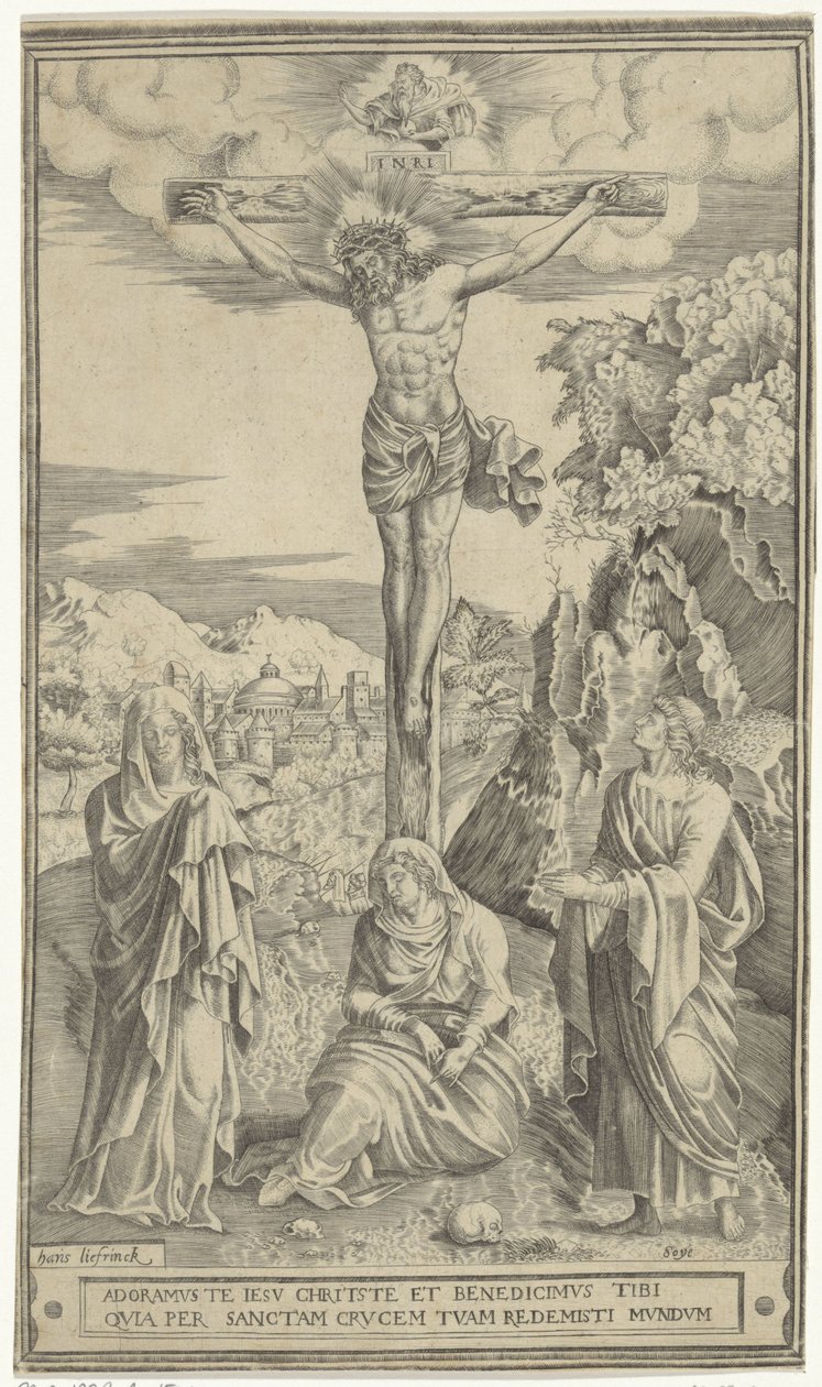 Kristus på korset flankeret af Maria og Johannes af Philippe de Soye