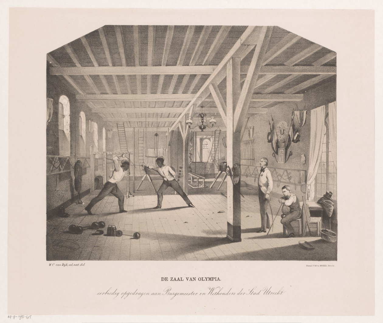 Udsigt i elevfirmaet Olympias fægte- og gymnastiksal The Hall of Olympia (titel på objekt) af Philippus Anthonius Alexander Kanne