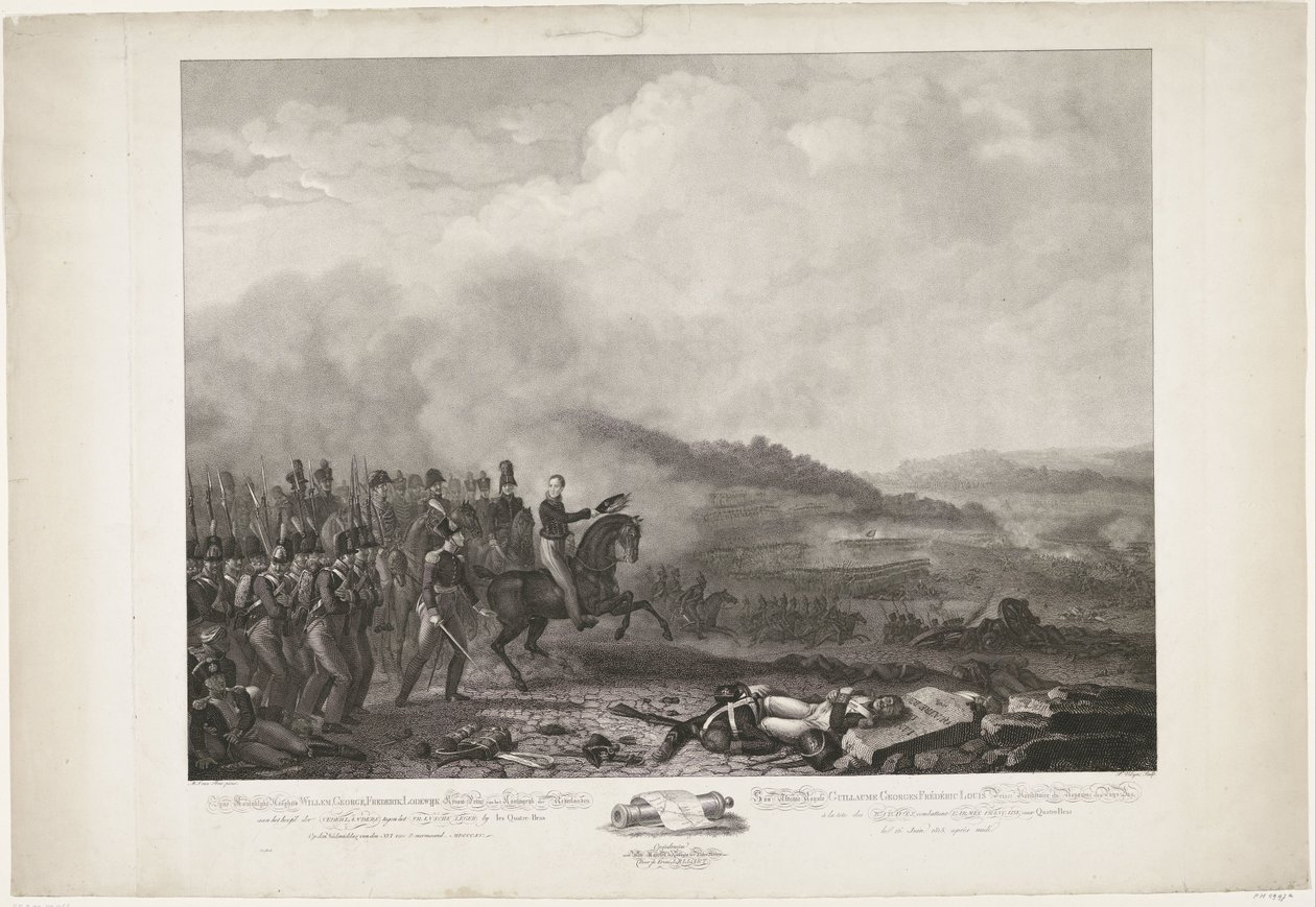 Prins af Orange, der leder de hollandske tropper i slaget ved Quatre-Bras, 1815 Hans Kongelige Højhed William, George, Frederik, Lodewijk Kronprins af Kongeriget Holland i spidsen for hollænderne mod den franske hær af Quatre-B af Philippus Velijn