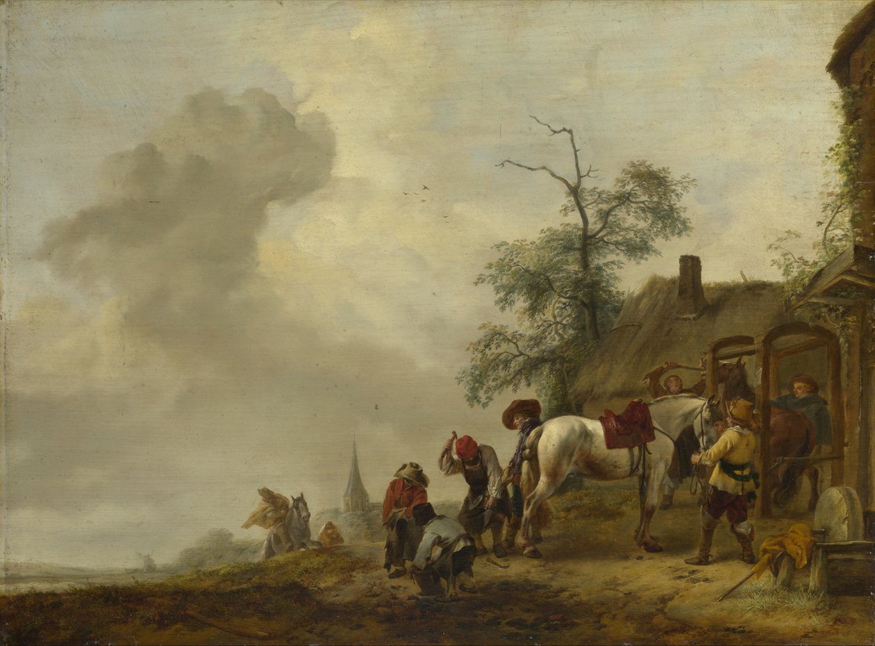 En hest bliver skoet uden for et smedje i landsbyen af Philips Wouwerman