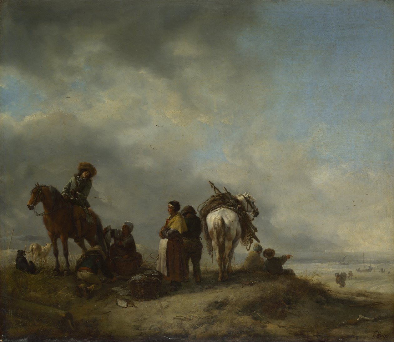 En udsigt til en strand med fiskekoner, der tilbyder fisk til en rytter af Philips Wouwerman