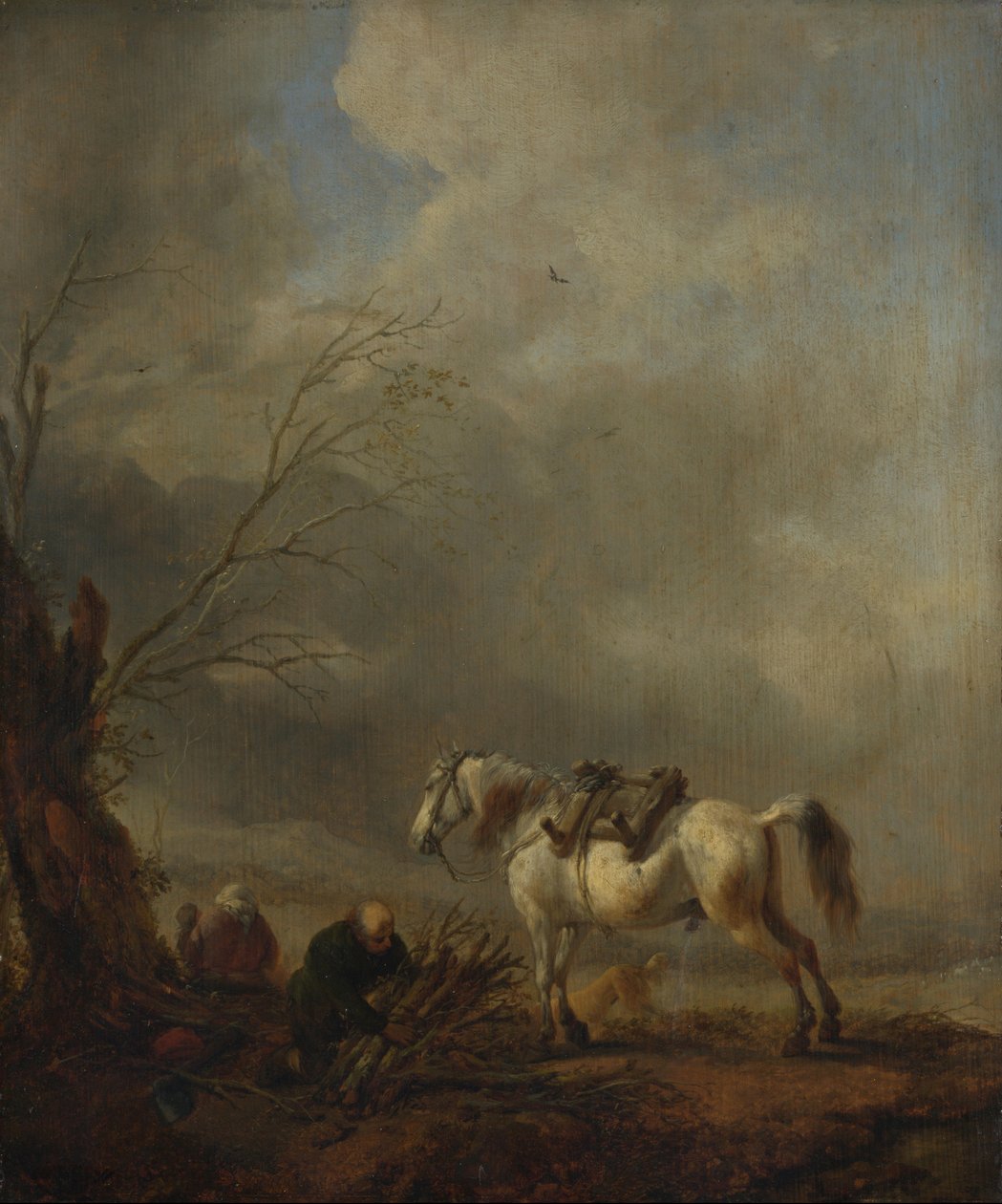 En hvid hest og en gammel mand, der binder fagoter af Philips Wouwerman