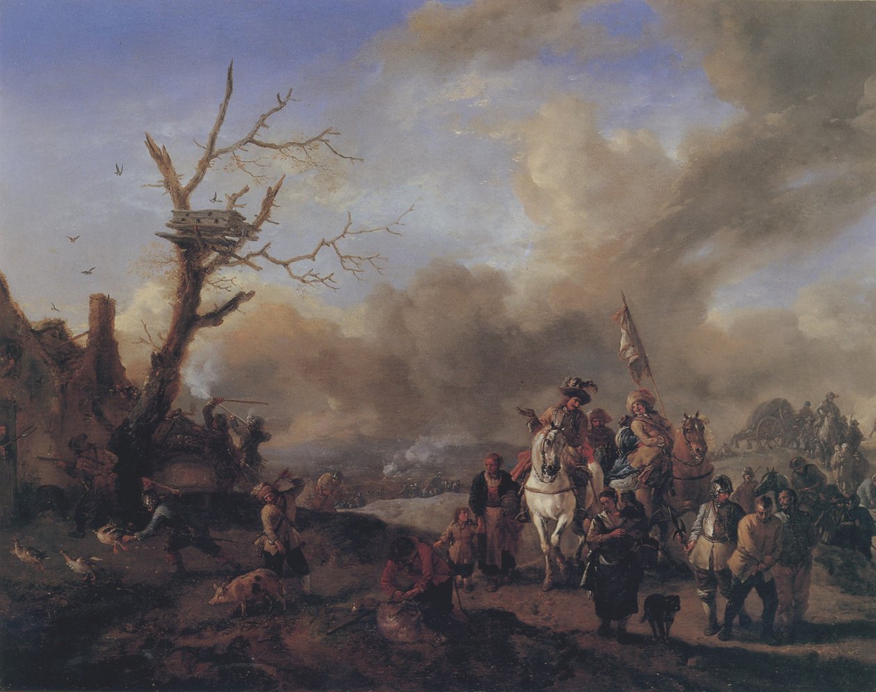 Ankomende flok soldater med sutlere og børn, der plyndrer en gård af Philips Wouwerman