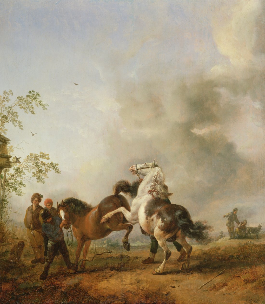 En hoppe og en hingst foran et hus af Philips Wouwerman