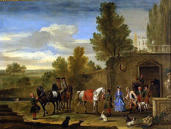 Ridegruppe uden for murene på et slot (olie på lærred) af Philips (attr.) Wouwermans or Wouvermans