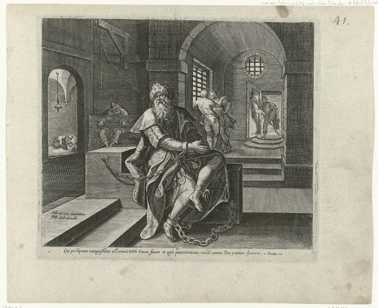 Koning Manasse i fængsel Boetedoening en berouw in het Oude Testament en het Nieuwe Testament (serietitel) En form for guddommelig eftergivenhed og barmhjertighed over for dem, der omvender sig fra deres overtrædelser af hele deres hjerte og vender sig til af Philips Galle (attributed to workshop of)