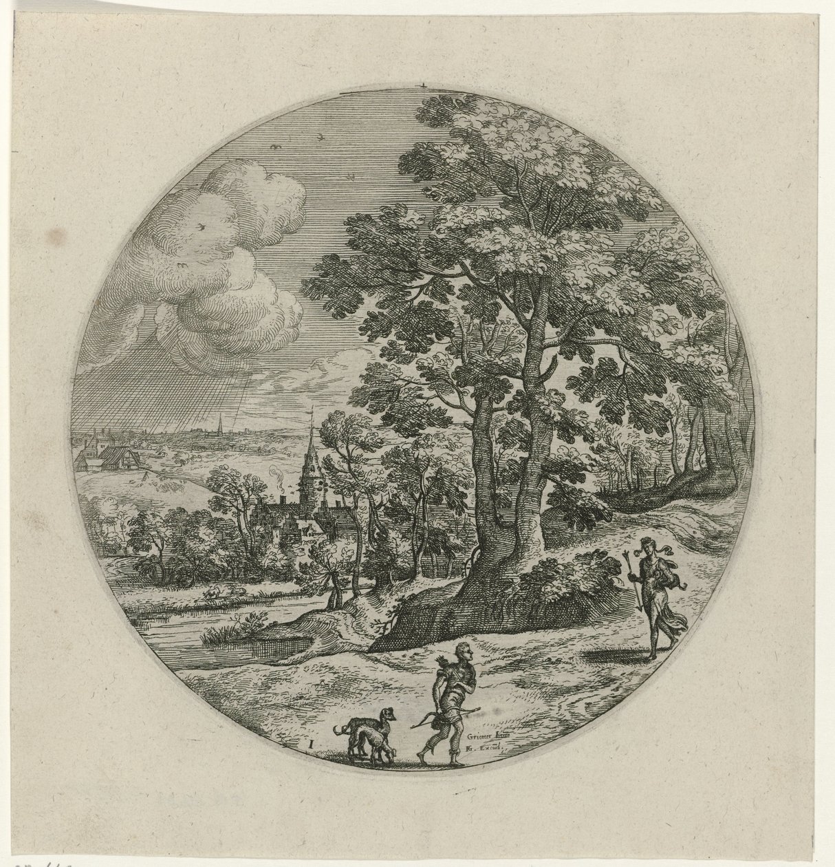 Procris schenkt Cephalus en magisk pil Cephalus en Procris (serietitel) af Philips Galle (attributed to workshop of)